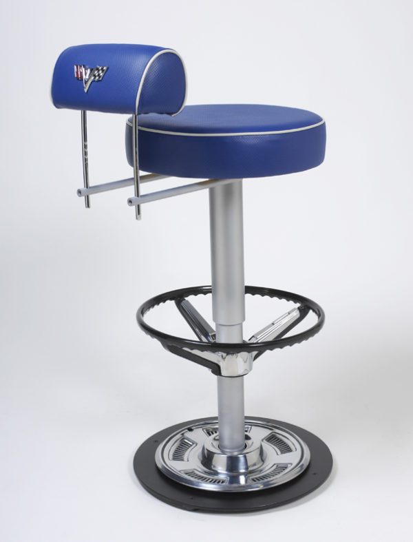 A blue bar stool with a chrome base.