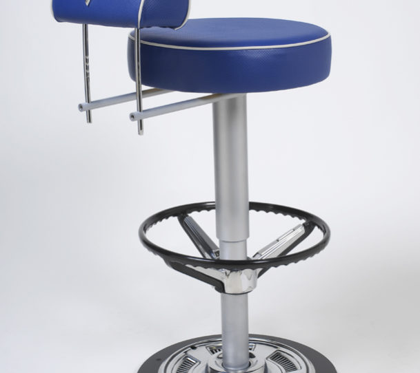 A blue bar stool with a chrome base.