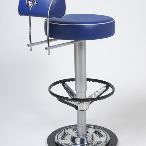A blue bar stool with a chrome base.